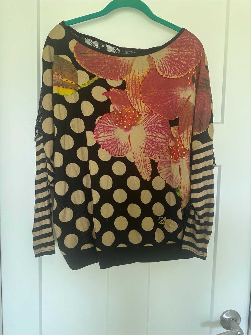 Desigual Black & Pink Polka Dot Floral lace Mixed-Print long sleeve top